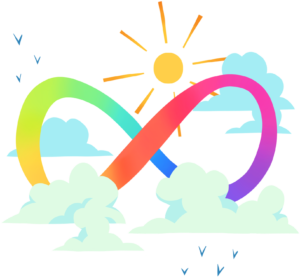 An infinity sign with rainbow colouring surrounded by clouds and the sun, symbolizing Josiane Mapplebeck’s work as a counselling therapist specializing in autism and ADHD, highlighting the beauty and complexity of neurodivergence.