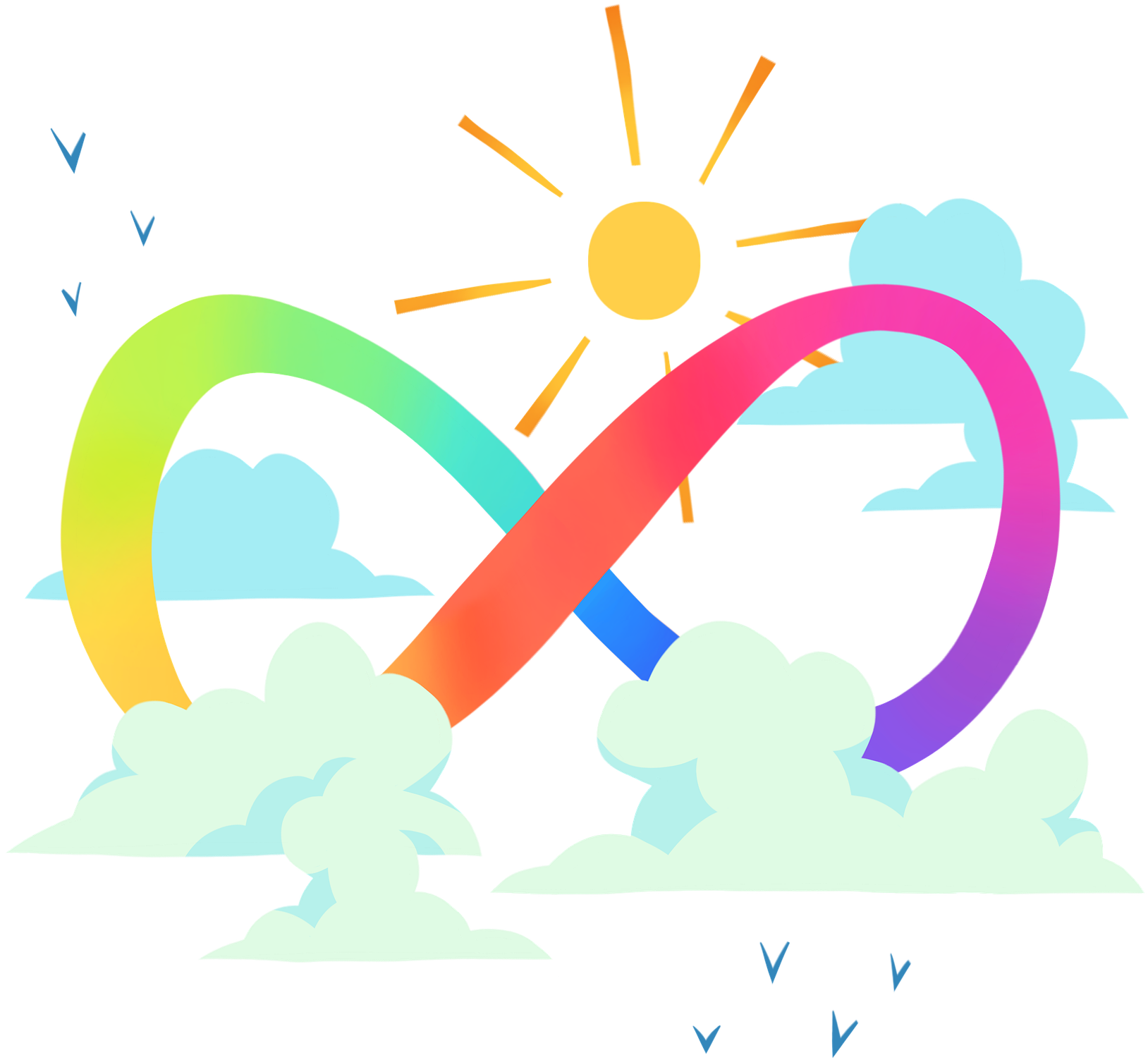 An infinity sign with rainbow colouring surrounded by clouds and the sun, symbolizing Josiane Mapplebeck’s work as a counselling therapist specializing in autism and ADHD, highlighting the beauty and complexity of neurodivergence.
